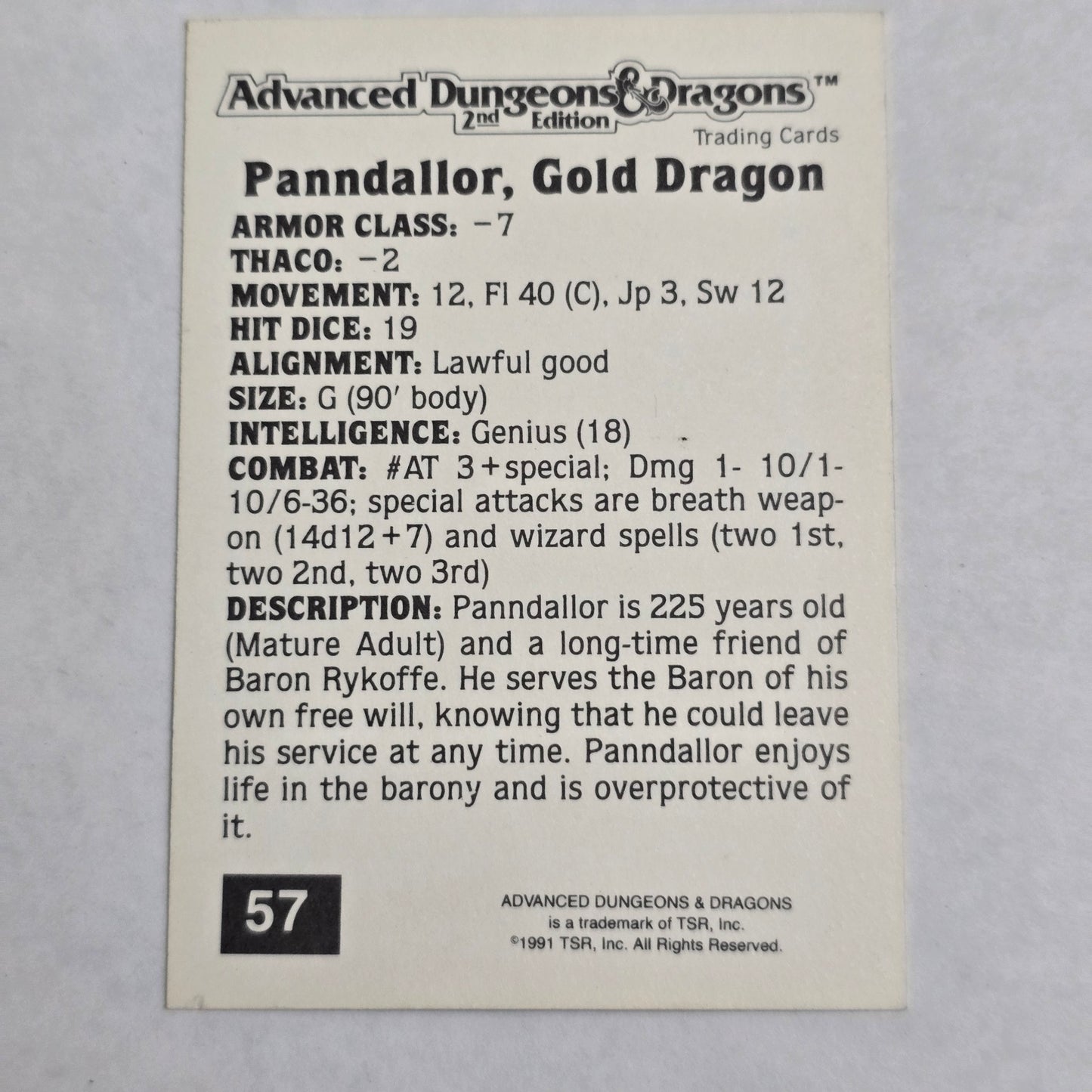 AD&D 2E Trading Card — Panndallor, Gold Dragon (#57) — Gold Border (1992)