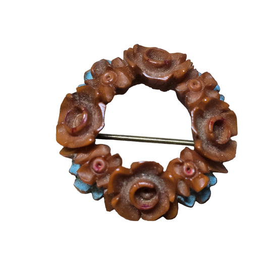 Vintage 1930s Carved Bakelite Floral Wreath Brooch Brown & Blue Pin