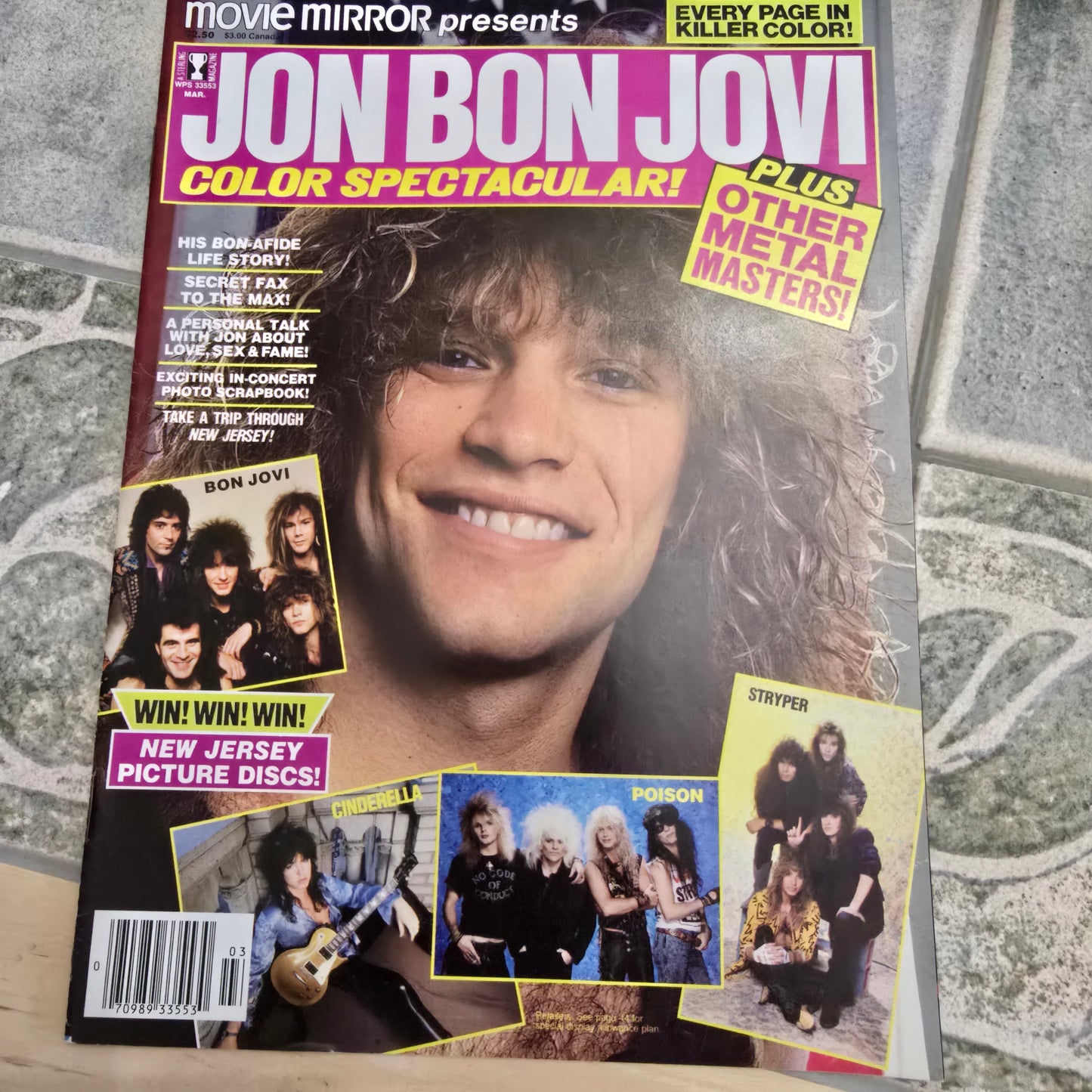 Magazine cover featuring Jon Bon Jovi with multiple images of the band on a textured surface