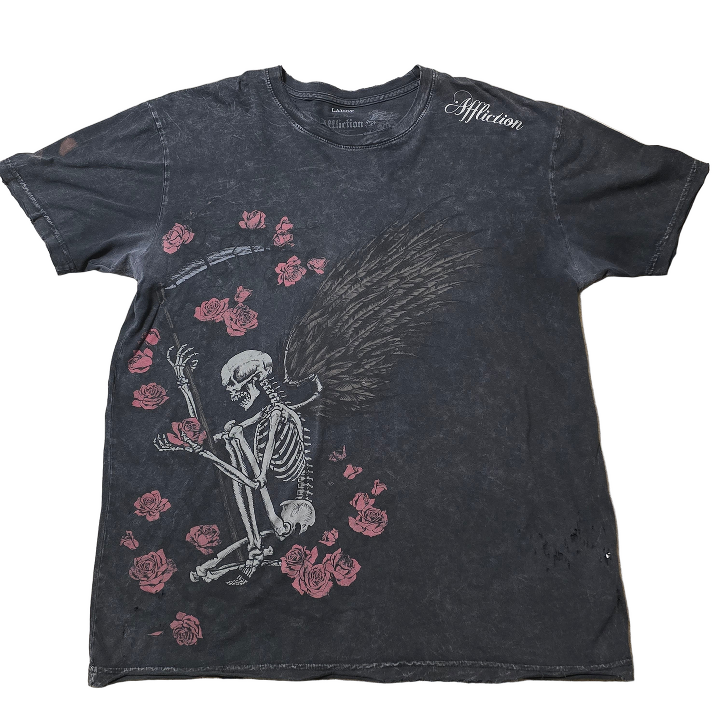 Affliction Angel Skeleton Roses Tee Men’s Large Distressed (Flaws)