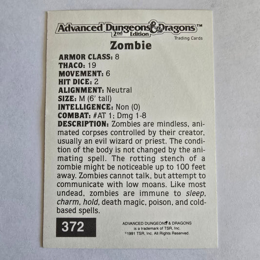 1992 TSR AD&D 2E Trading Card #372 — Zombie — Gold Border Series — Undead Monster