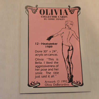 Olivia collector card with artwork of a woman in a dynamic pose on a pink background