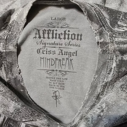 Affliction Criss Angel Mindfreak Tee Men’s Large Gray Distressed USA