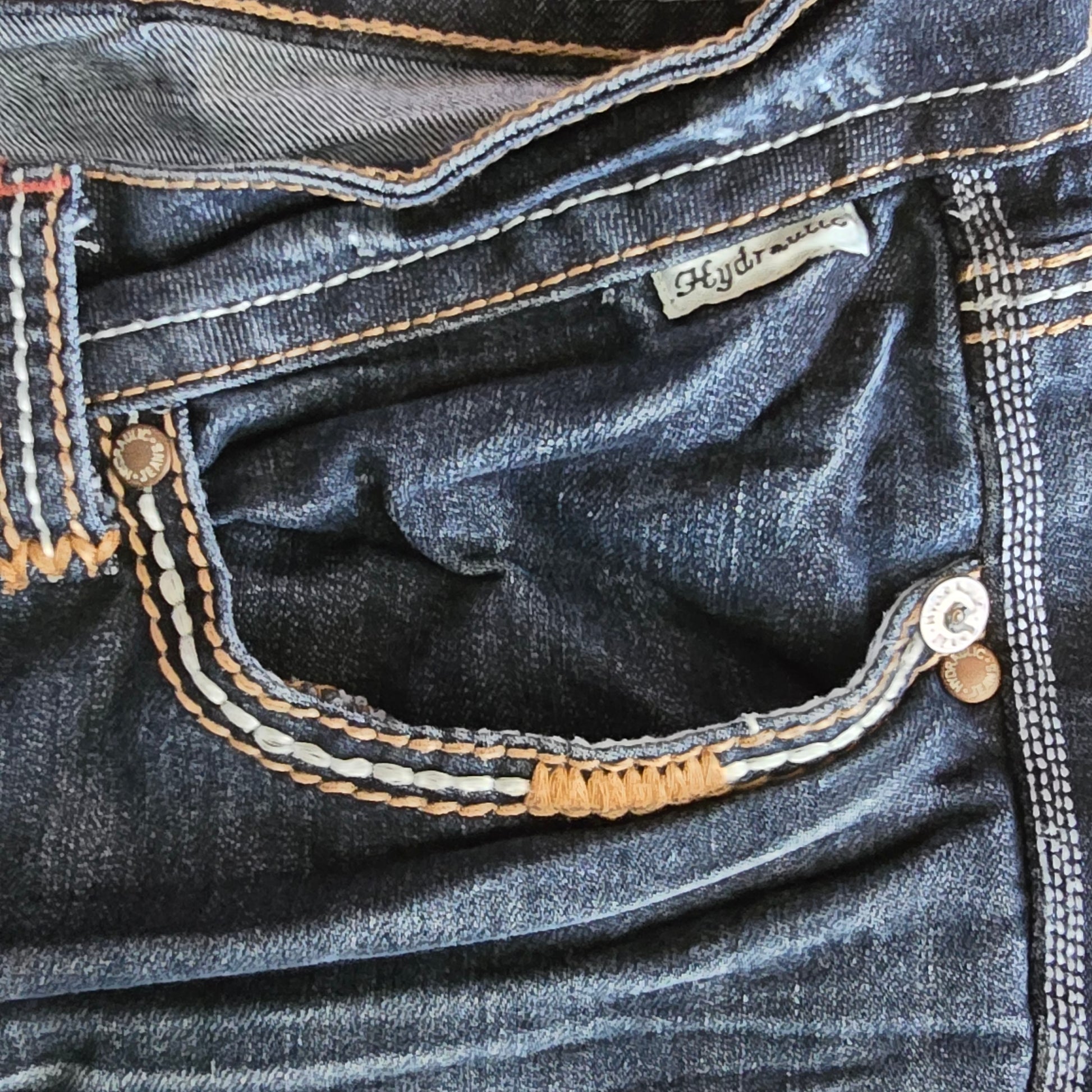 Close-up of a blue denim pocket with stitching details