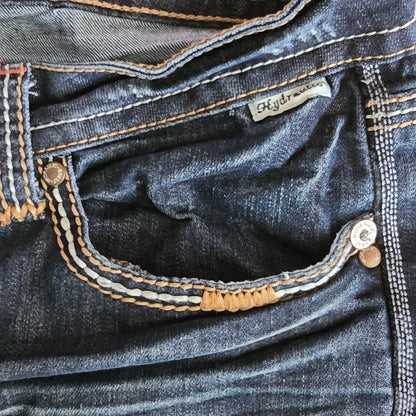 Close-up of a blue denim pocket with stitching details