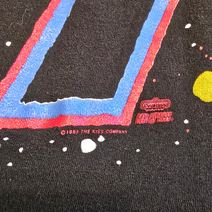 Vintage 1992 KISS Band T-Shirt Hanes Rock Tee All Over Print Faces Hole Back