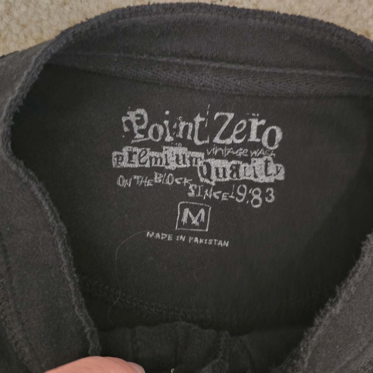 Point Zero Henley T-Shirt Skull Bird Graphic Black Vintage Wash Medium