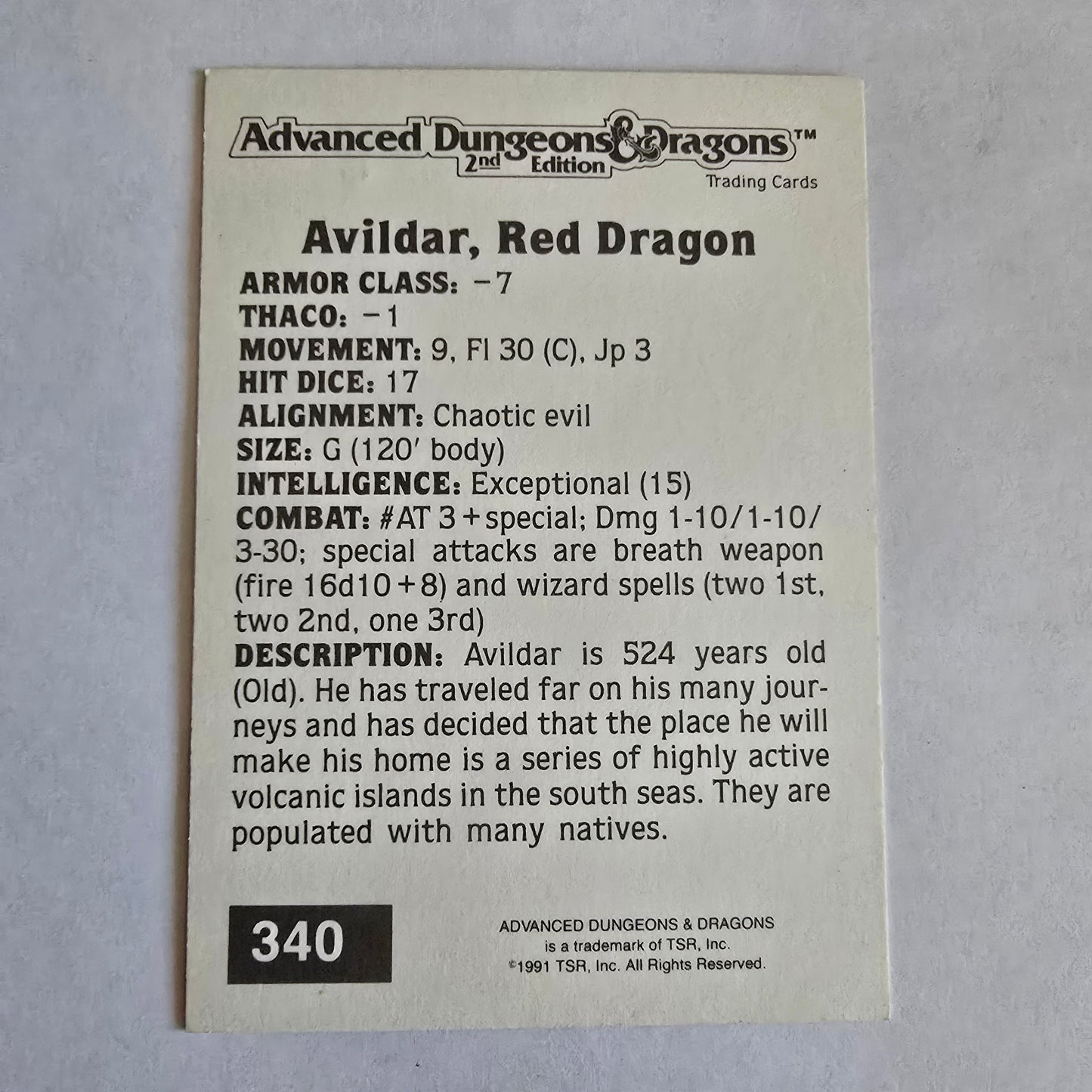 AD&D 2E Trading Card — Avildar, Red Dragon (#340) — Gold Border Series (1992)