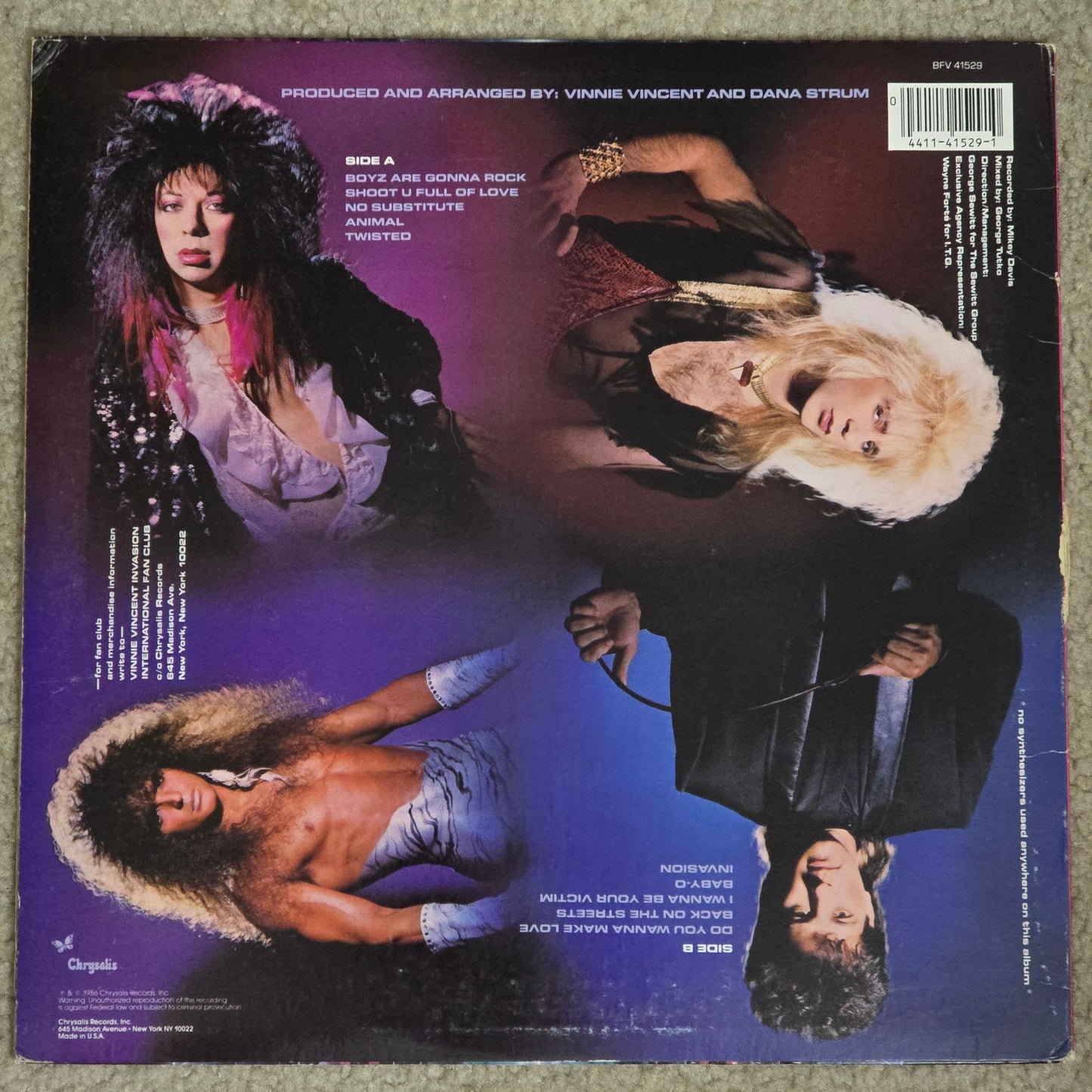 Album cover with four individuals in a stylized layout on a purple background