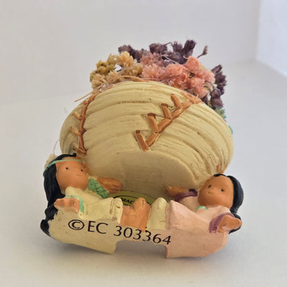 1997 Enesco Karen Hahn Native American Basket Figurine – Two Girls Holding Basket – #303364