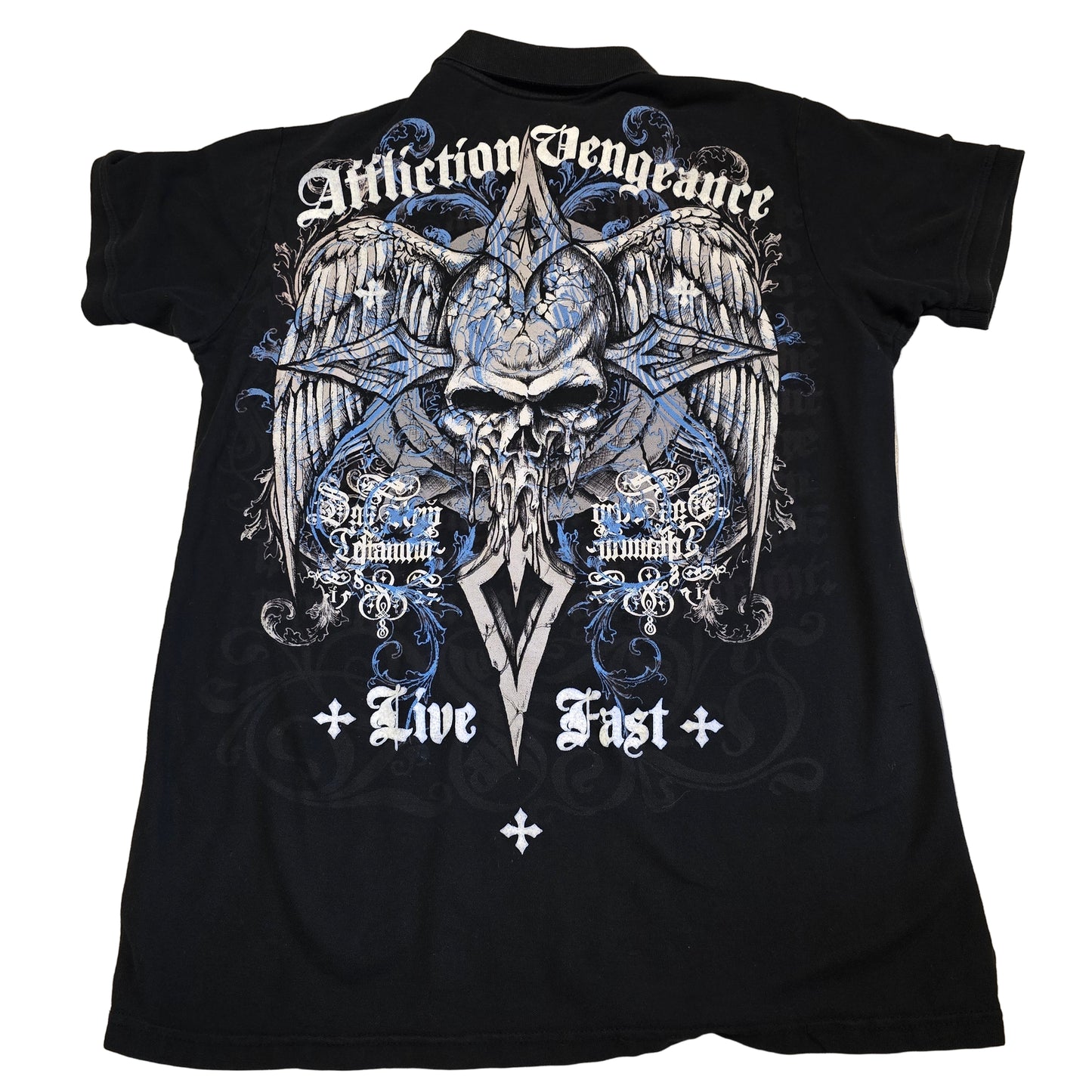 Affliction Vengeance Live Fast Skull Wing Graphic Polo Shirt Black XL USA Made