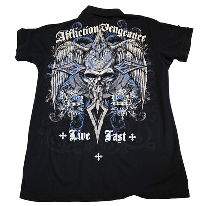 Affliction Vengeance Live Fast Skull Wing Graphic Polo Shirt Black XL USA Made
