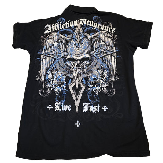 Affliction Vengeance Live Fast Skull Wing Graphic Polo Shirt Black XL USA Made