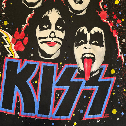 Vintage 1992 KISS Band T-Shirt Hanes Rock Tee All Over Print Faces Hole Back