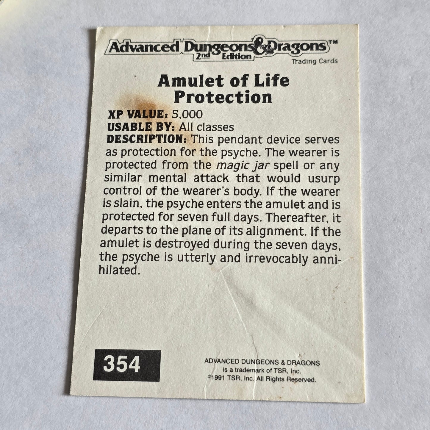 AD&D 2E “Amulet of Life Protection” R1 Rare Trading Card (1991 TSR)