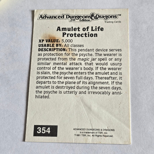 AD&D 2E “Amulet of Life Protection” R1 Rare Trading Card (1991 TSR)