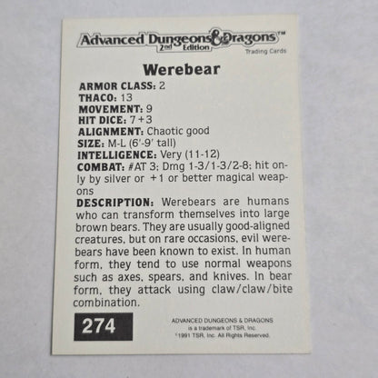 AD&D 2E Trading Card — Werebear (#274) — Gold Border (1992)