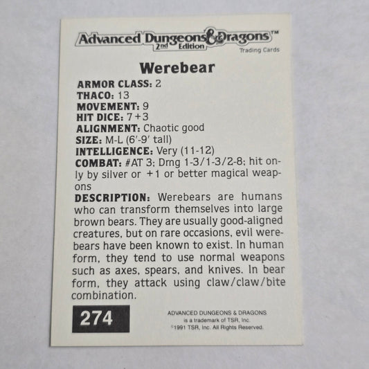 AD&D 2E Trading Card — Werebear (#274) — Gold Border (1992)