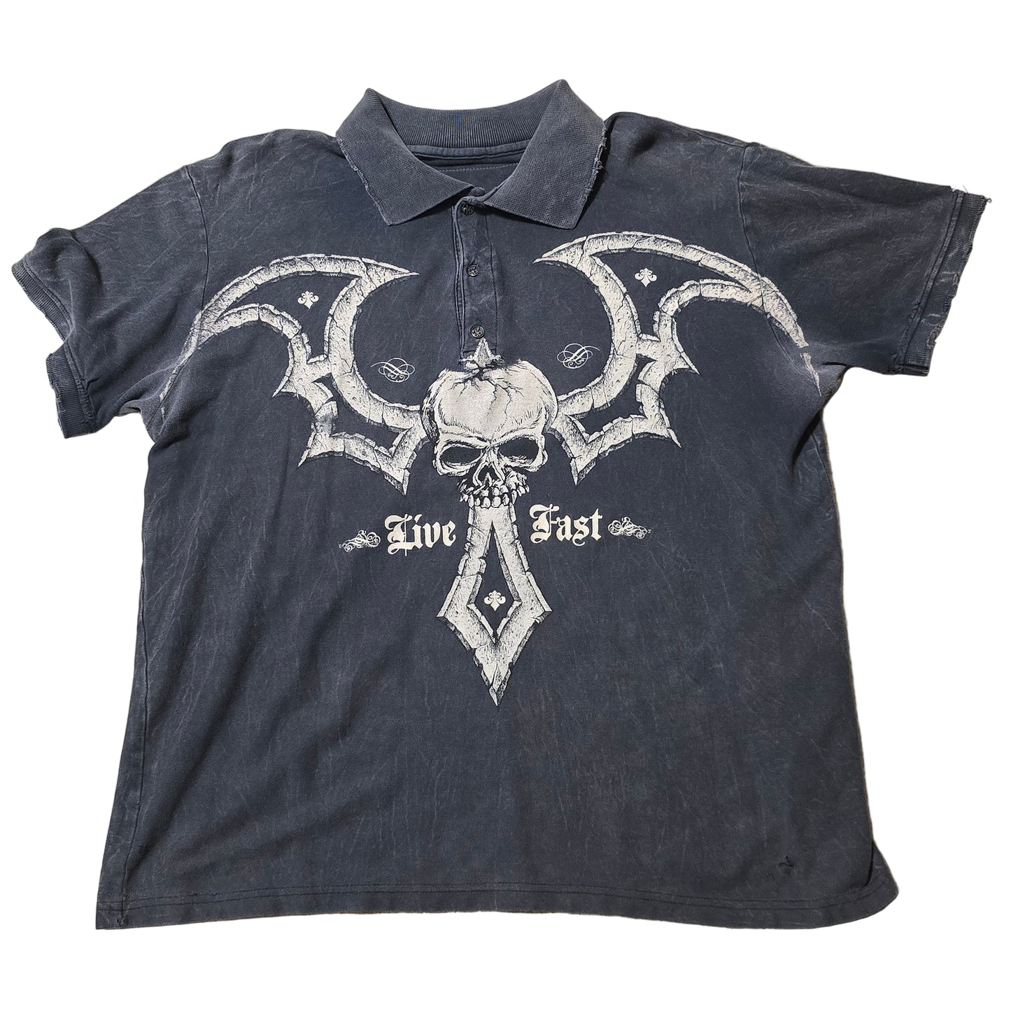 Affliction Live Fast Skull Polo Shirt Men’s Large Distressed