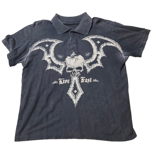 Affliction Live Fast Skull Polo Shirt Men’s Large Distressed