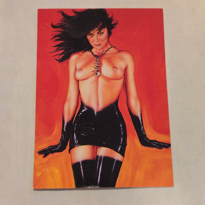 Artistic depiction of a person in black latex outfit on a red background