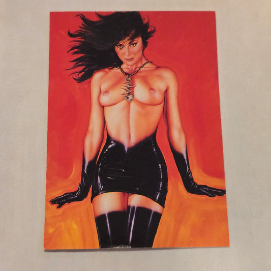 Artistic depiction of a person in black latex outfit on a red background