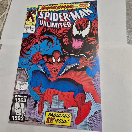 Comic book cover featuring Spider-Man and Venom with text and graphics on a gray background