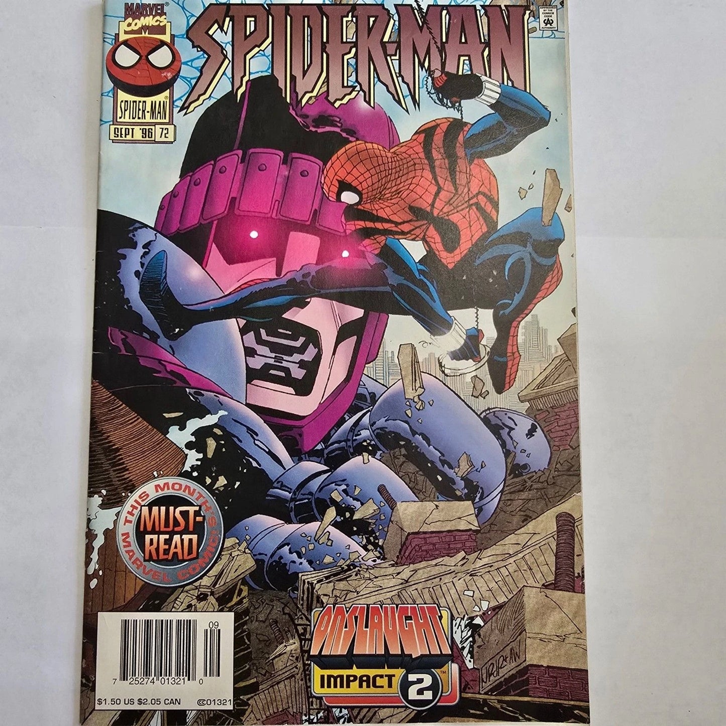 Comic book cover featuring Spider-Man with a large robot-like figure, on a white background.