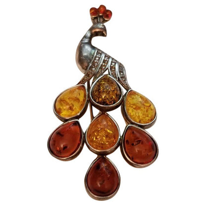 Silver Amber Peacock Brooch