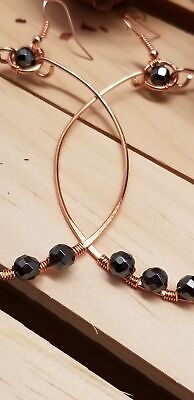 Handmade Hematite Copper Hoop Wire Wrapped Earrings