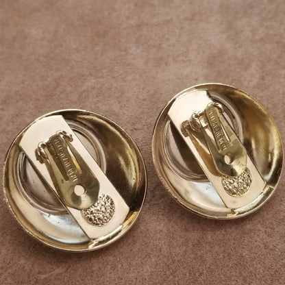 Vintage Gold & Black Clip On Button Earrings