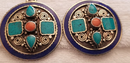 Vintage Round Southwestern Style Silver Tone Earrings