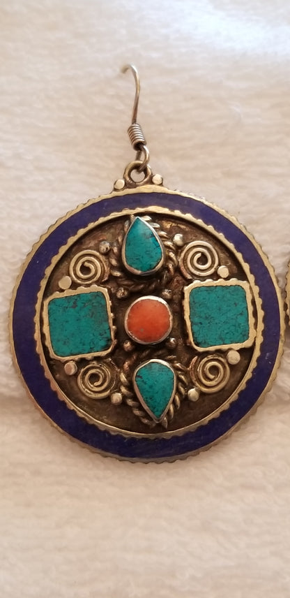 Vintage Round Southwestern Style Silver Tone Earrings