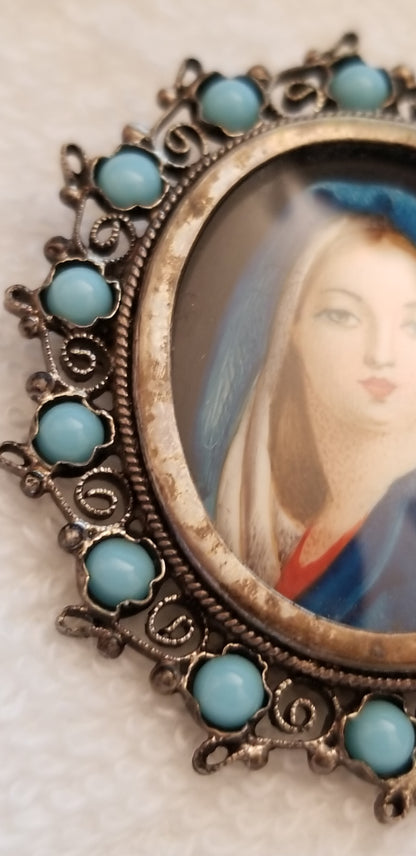 Vintage 800 Silver Virgin Mary Brooch – Hand Painted Portrait Pin Religious