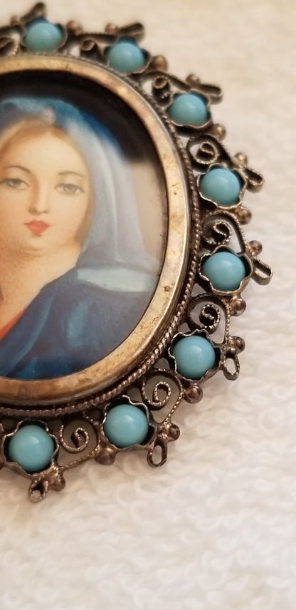 Vintage 800 Silver Virgin Mary Brooch – Hand Painted Portrait Pin Religious
