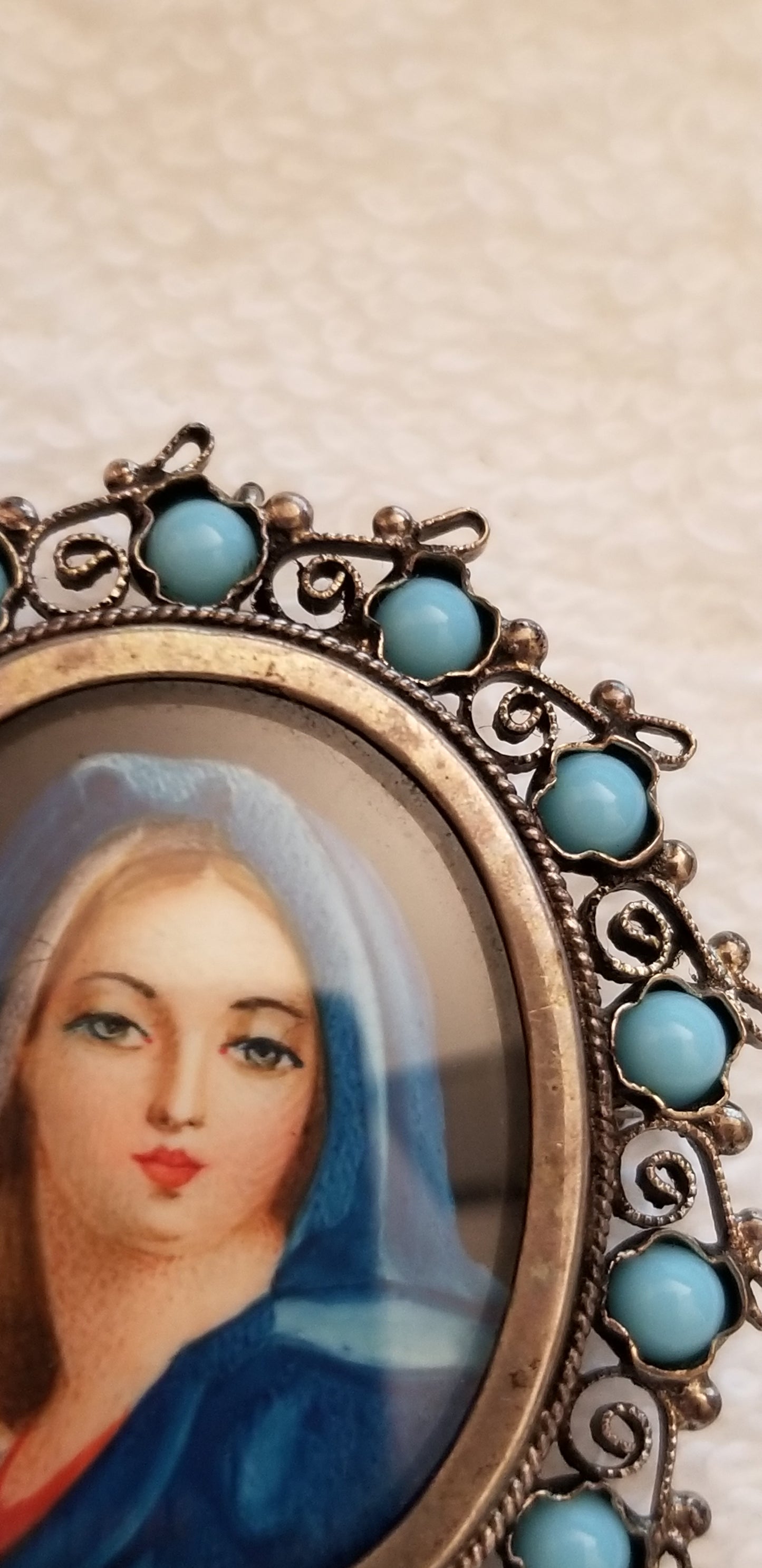Vintage 800 Silver Virgin Mary Brooch – Hand Painted Portrait Pin Religious