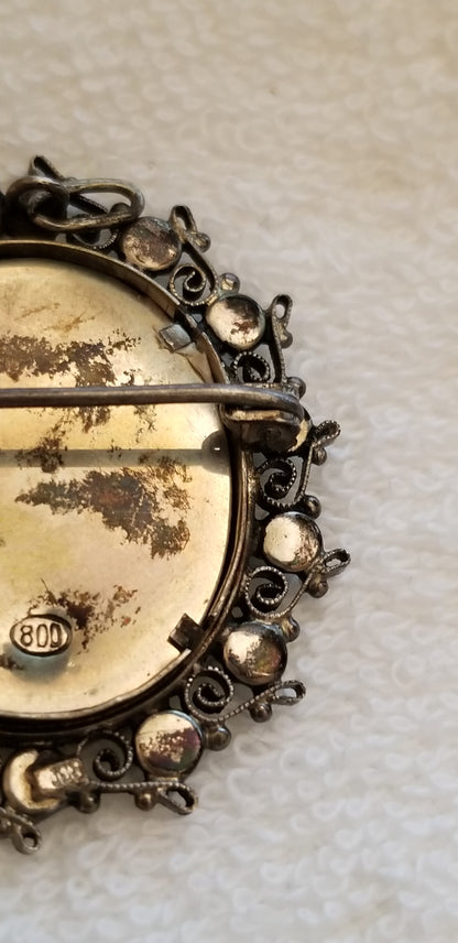 Vintage 800 Silver Virgin Mary Brooch – Hand Painted Portrait Pin Religious