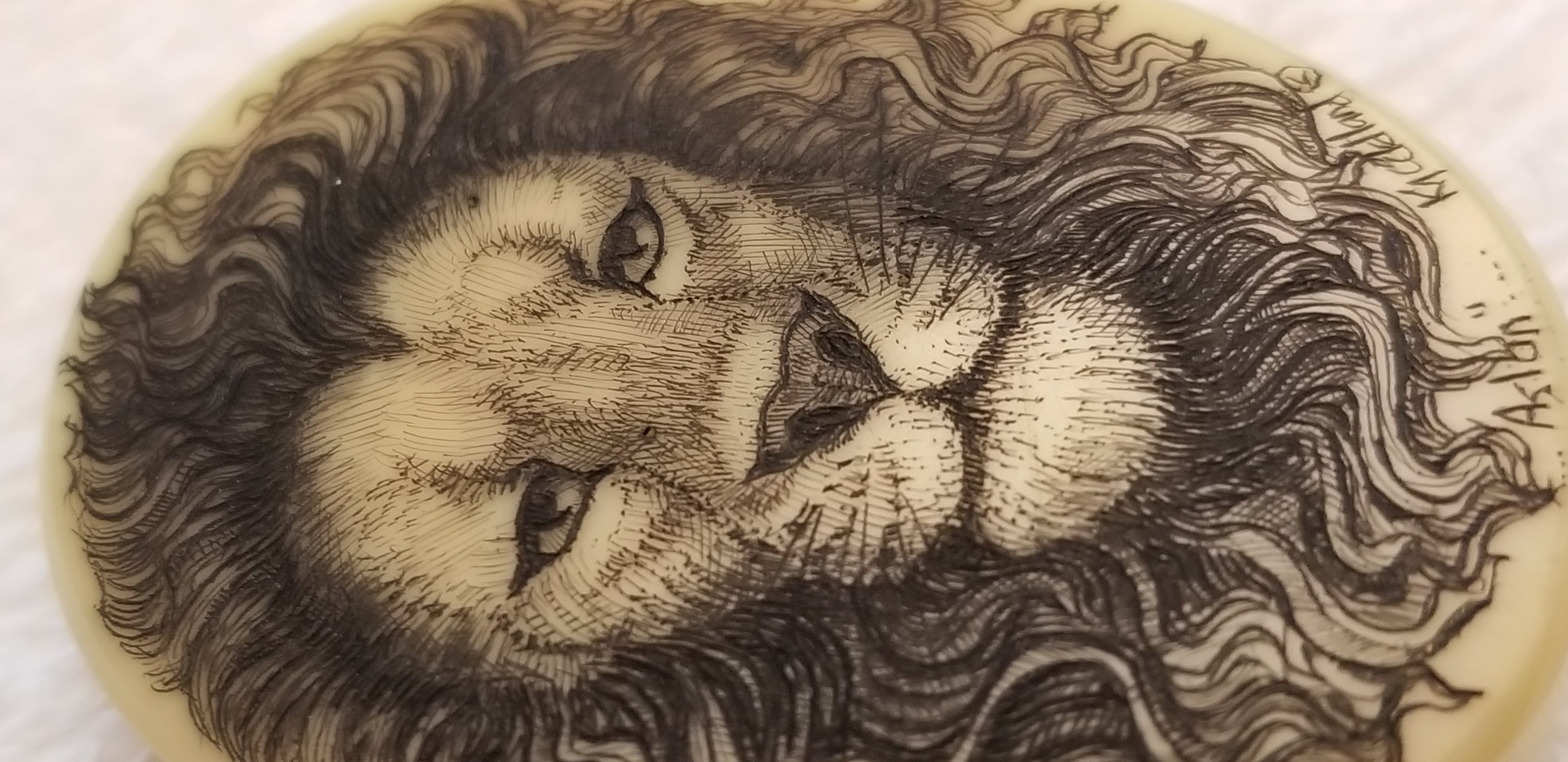 "Aslan" Carved Lion Resin Scrimshaw Oval Brooch