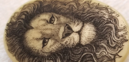 "Aslan" Carved Lion Resin Scrimshaw Oval Brooch