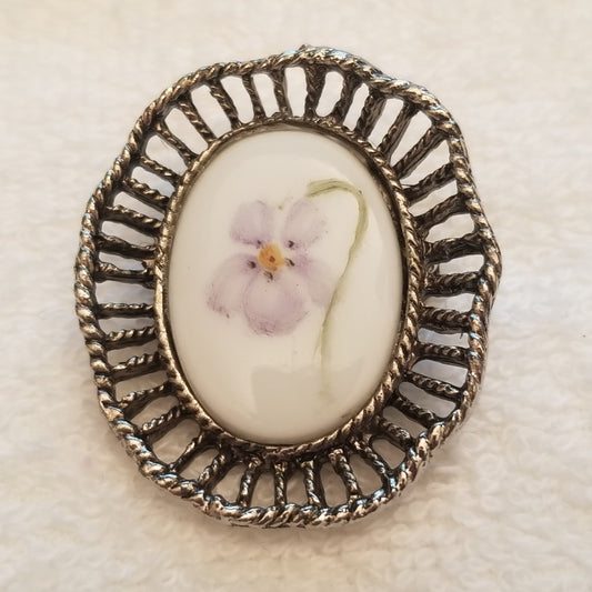 Small Silver Tone Hand Painted Flower Ceramic Brooch