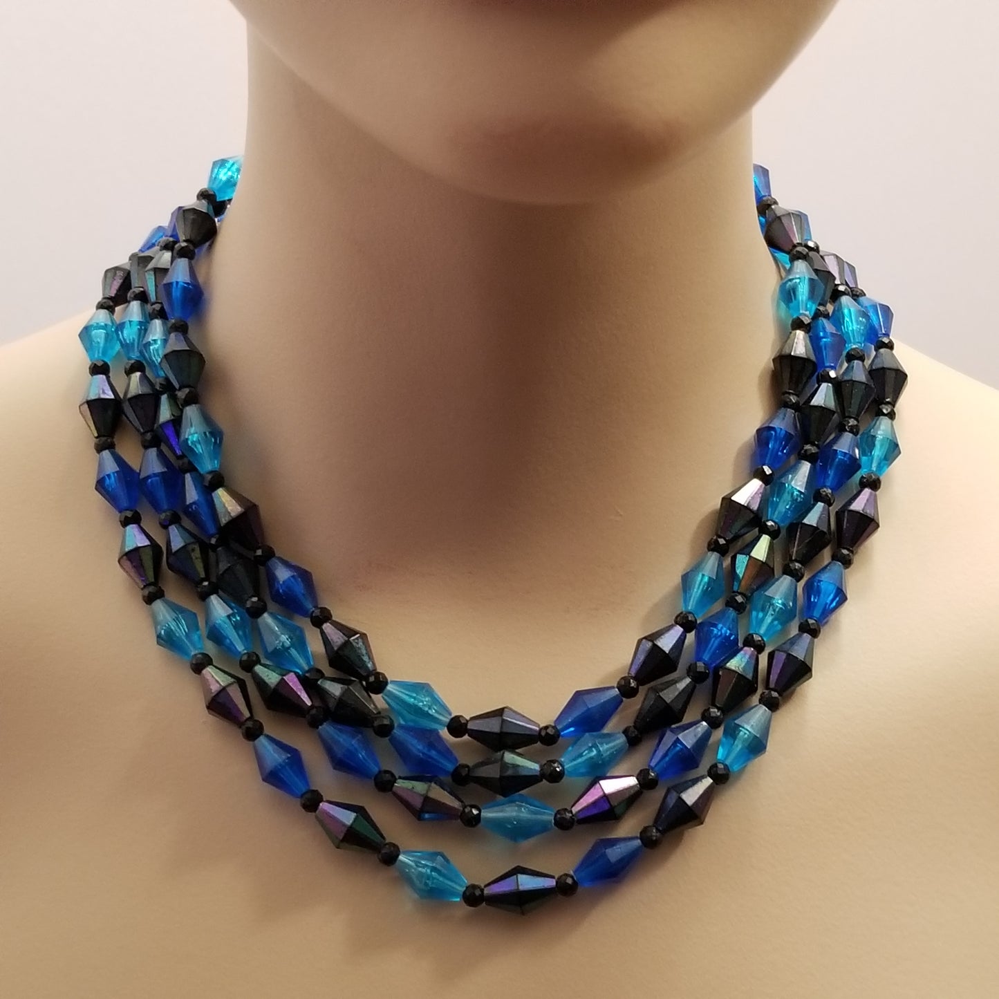 Vintage 4 Strand Blue & Black Bead Necklace