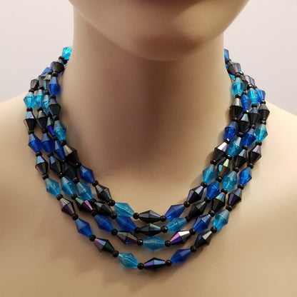 Vintage 4 Strand Blue & Black Bead Necklace