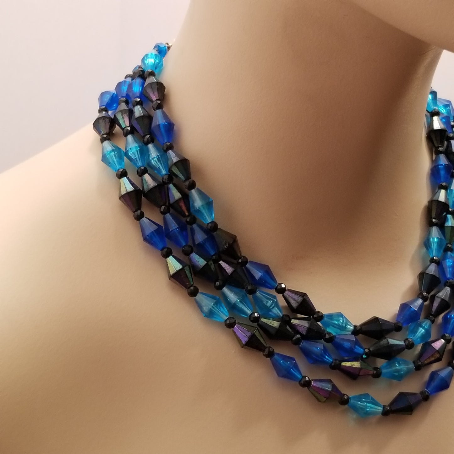 Vintage 4 Strand Blue & Black Bead Necklace
