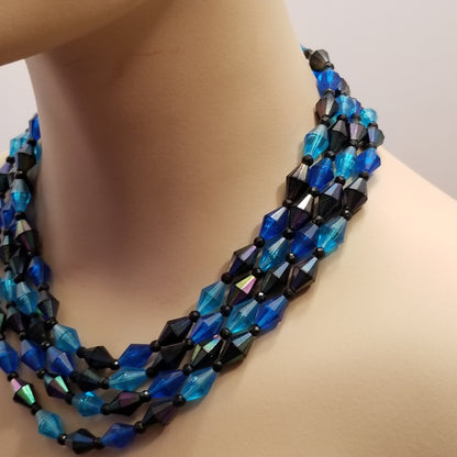 Vintage 4 Strand Blue & Black Bead Necklace