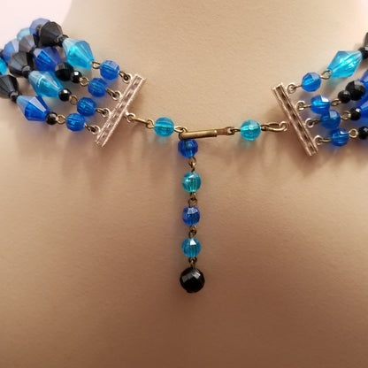 Vintage 4 Strand Blue & Black Bead Necklace