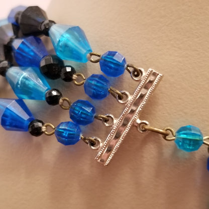 Vintage 4 Strand Blue & Black Bead Necklace