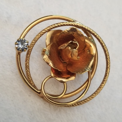 Vintage Gold Tone Rhinestone Rose Brooch