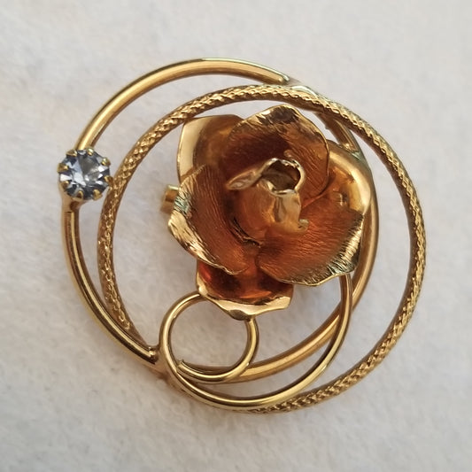 Vintage Gold Tone Rhinestone Rose Brooch