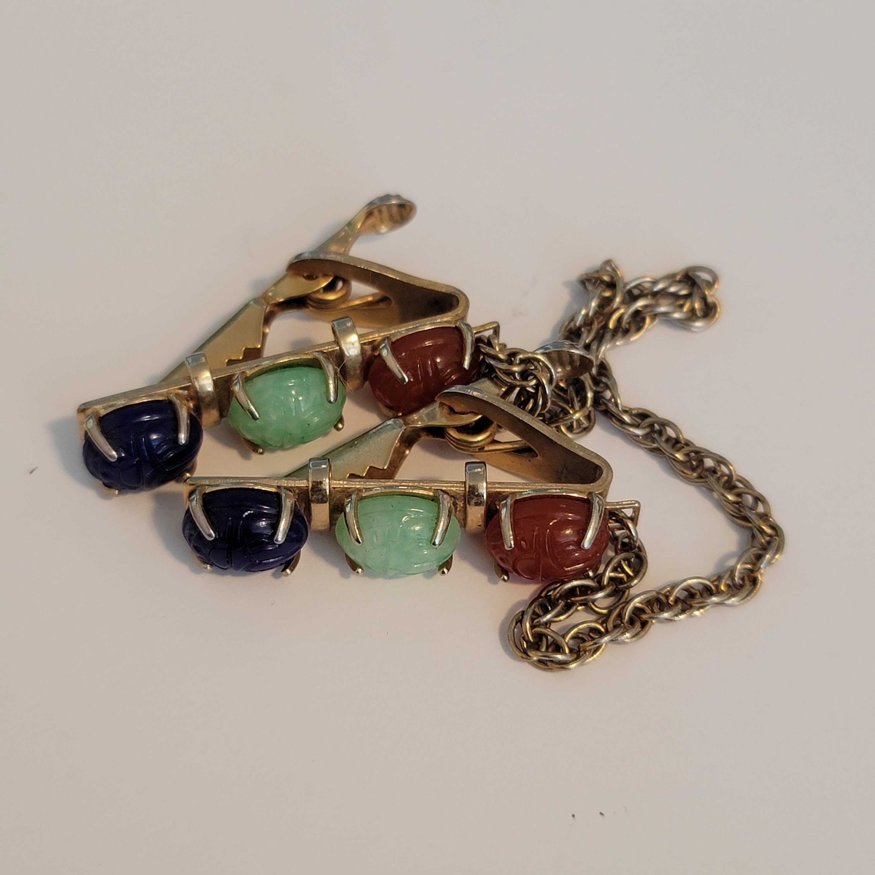 Vintage Scarab Gold Tone Sweater Guard Clips