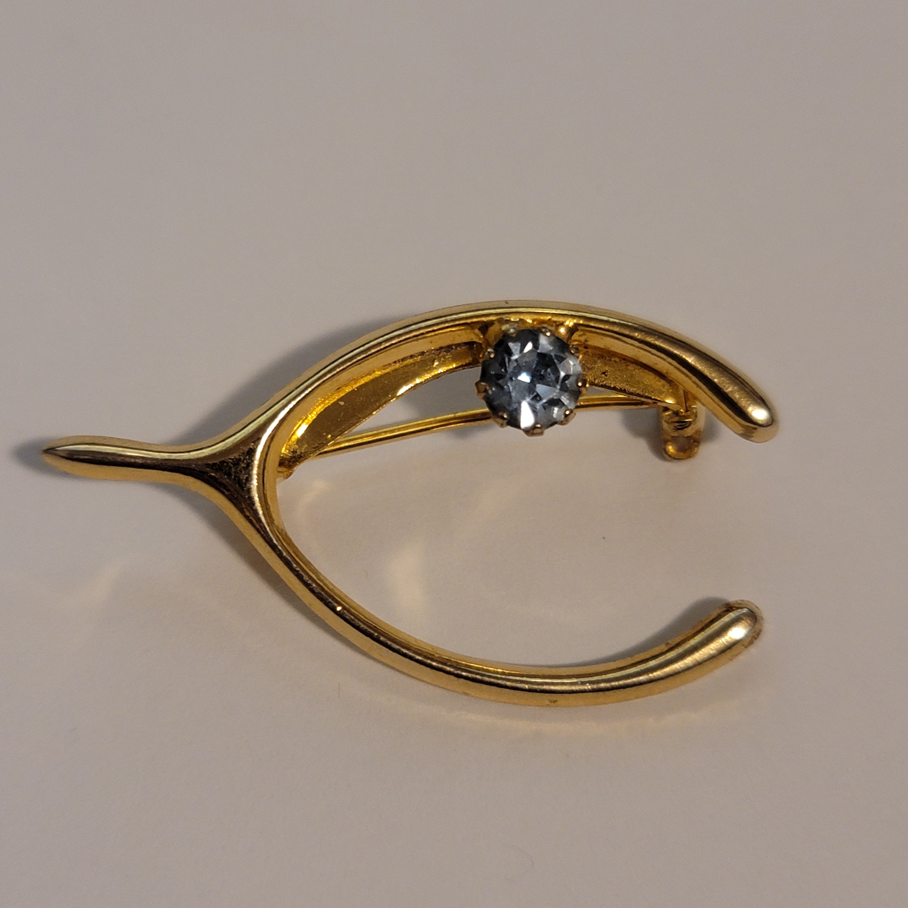 Gold Tone Rhinestone Wishbone Brooch